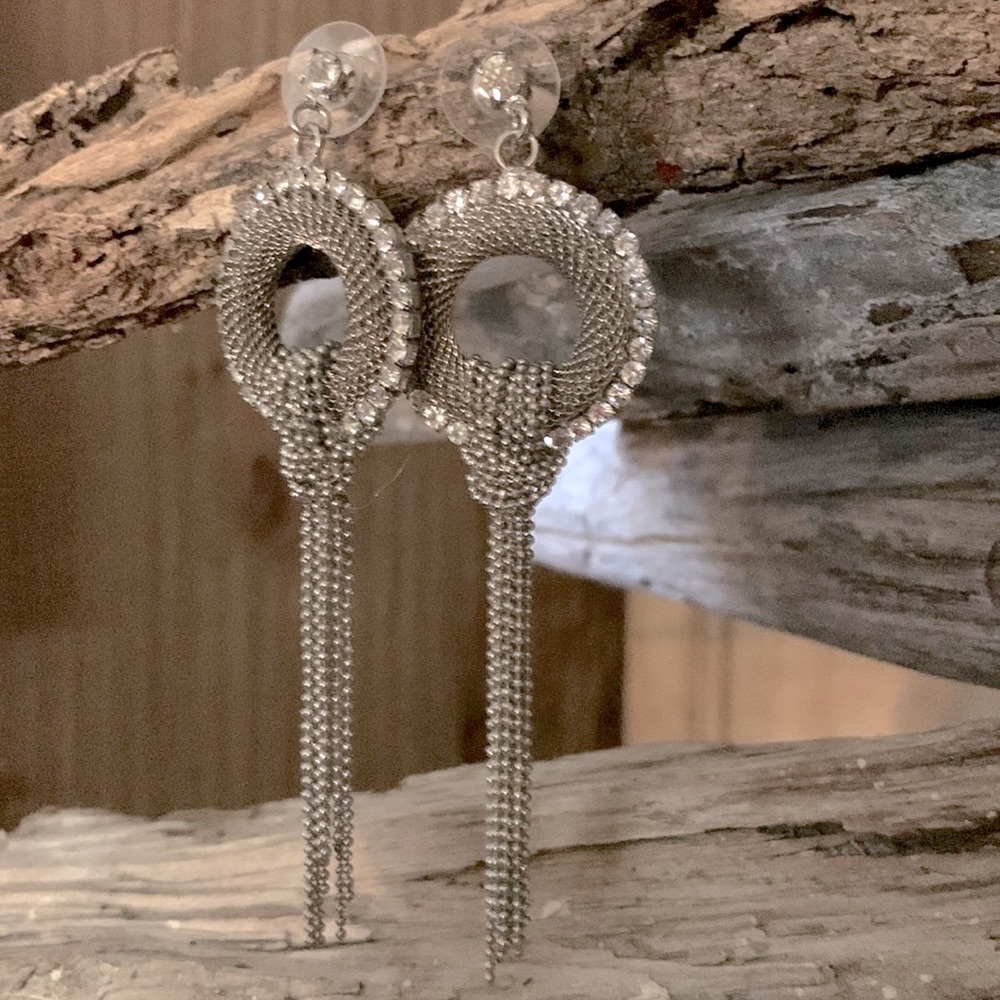 Rhinestone mesh tassel drop earrings